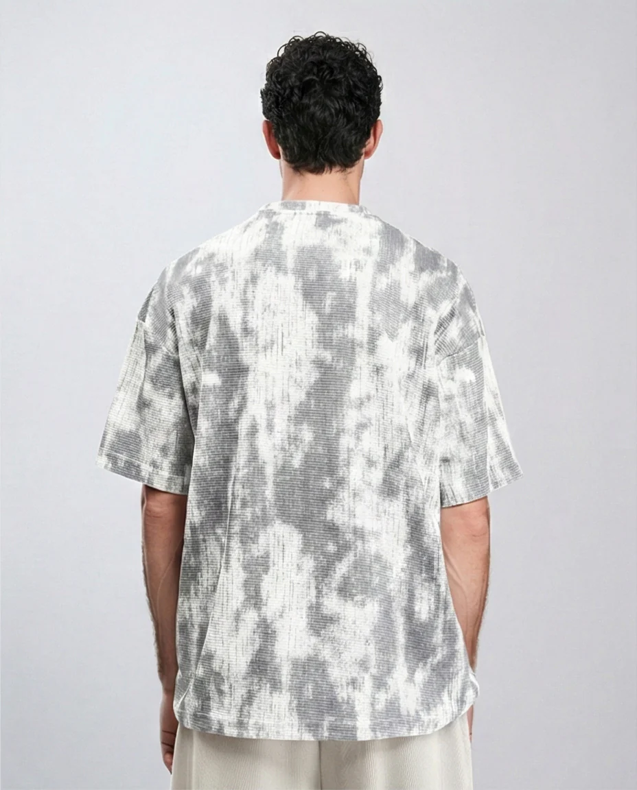 R208961 - Tie Dye Elbow Sleeves Cotton Tee - White & Grey - Image 2