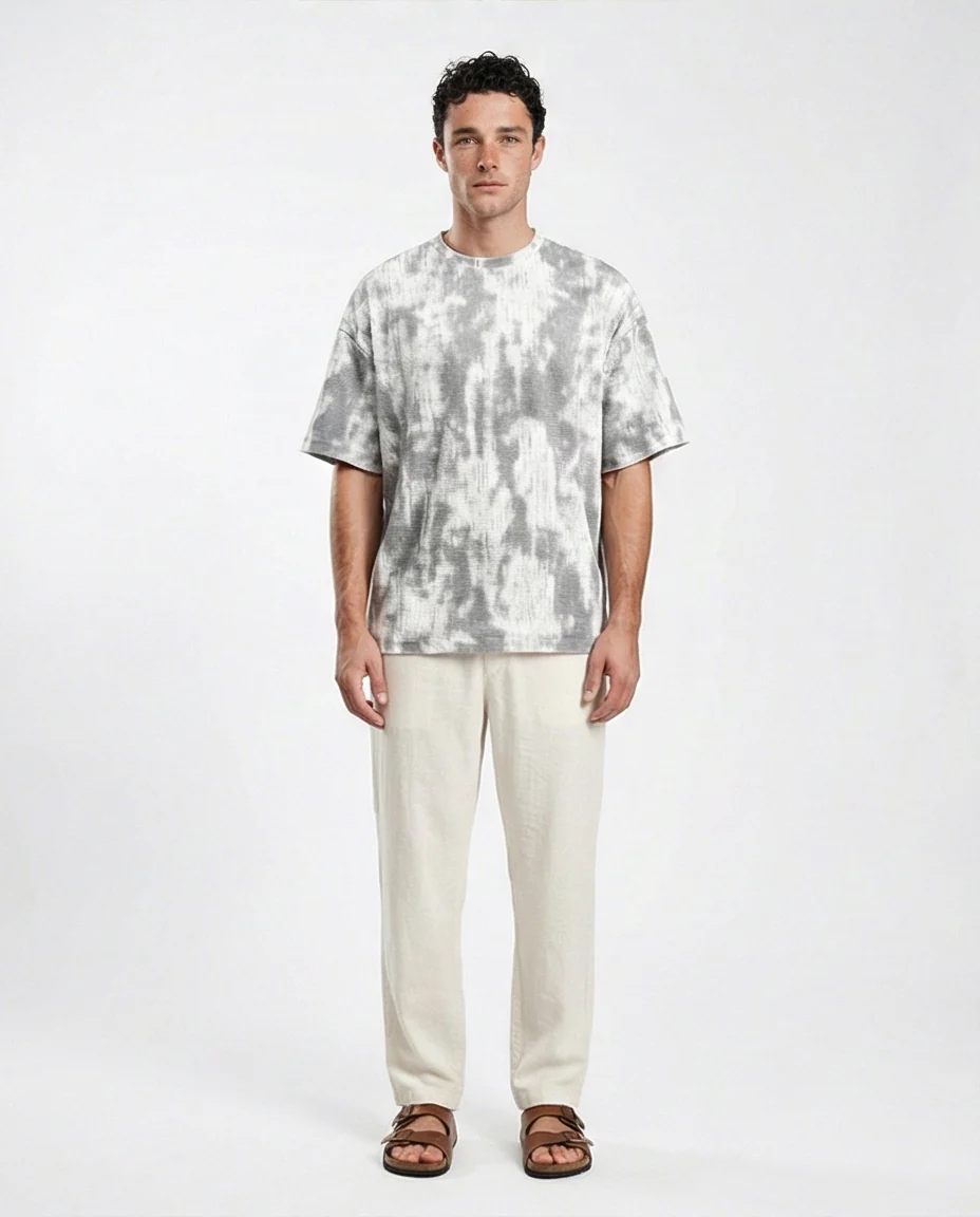 R208961 - Tie Dye Elbow Sleeves Cotton Tee - White & Grey - Image 3