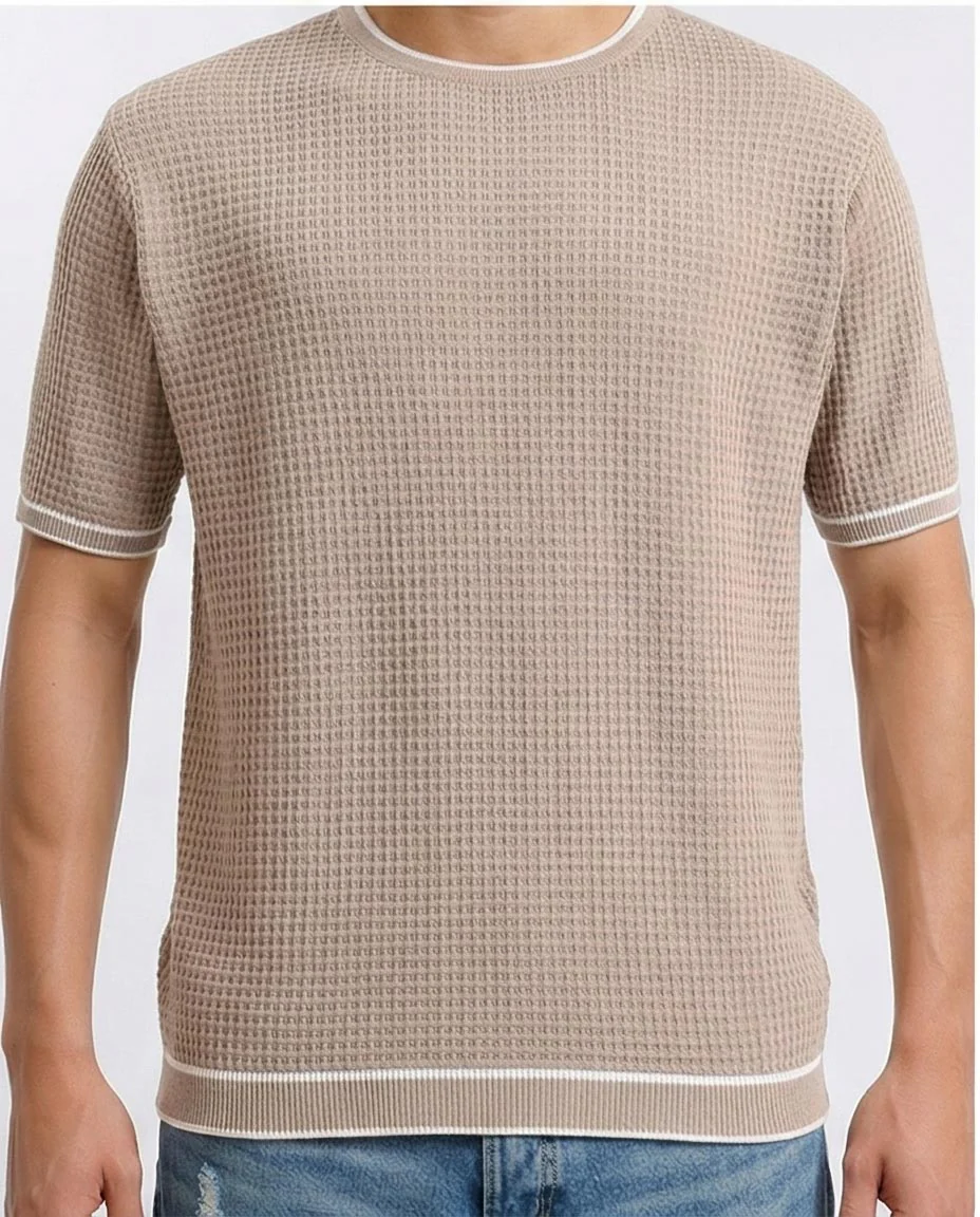Ravin Tipped Waffle-Knit Short Sleeve Tee - Dark Beige - R206906 - Image 3