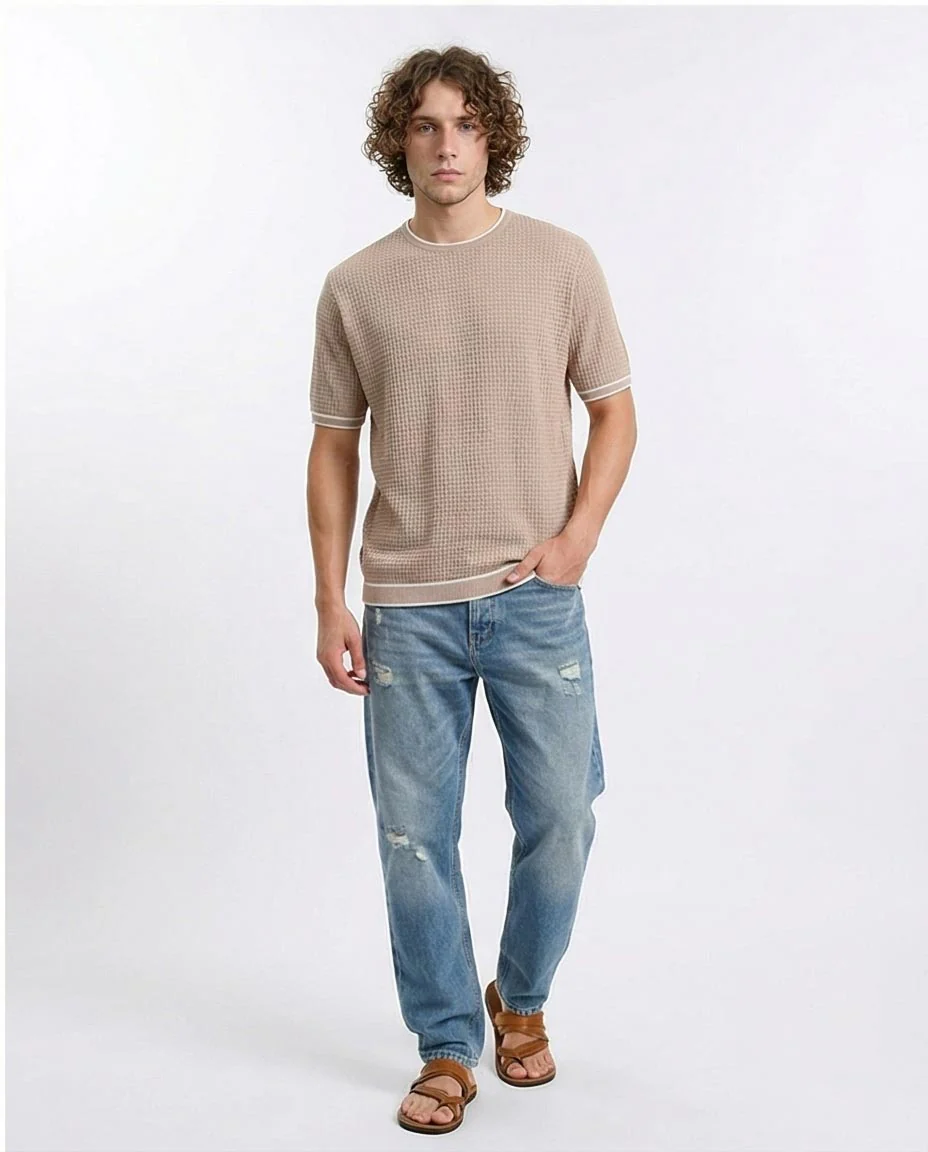 Ravin Tipped Waffle-Knit Short Sleeve Tee - Dark Beige - R206906 - Image 4