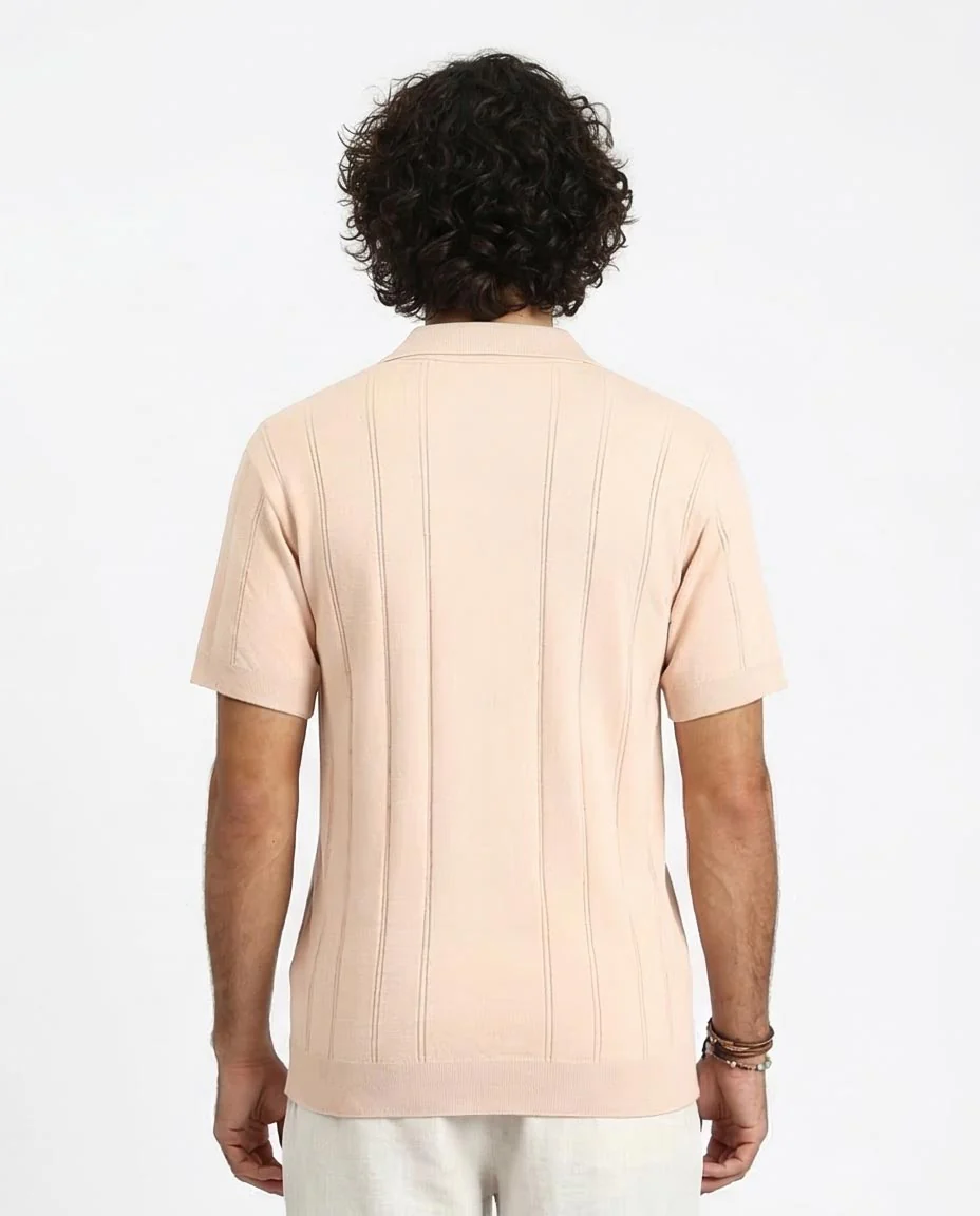 Title: Ravin Men’s Vertical Ribbed Knit Skipper Polo – Pale Peach -R213023 - Image 2
