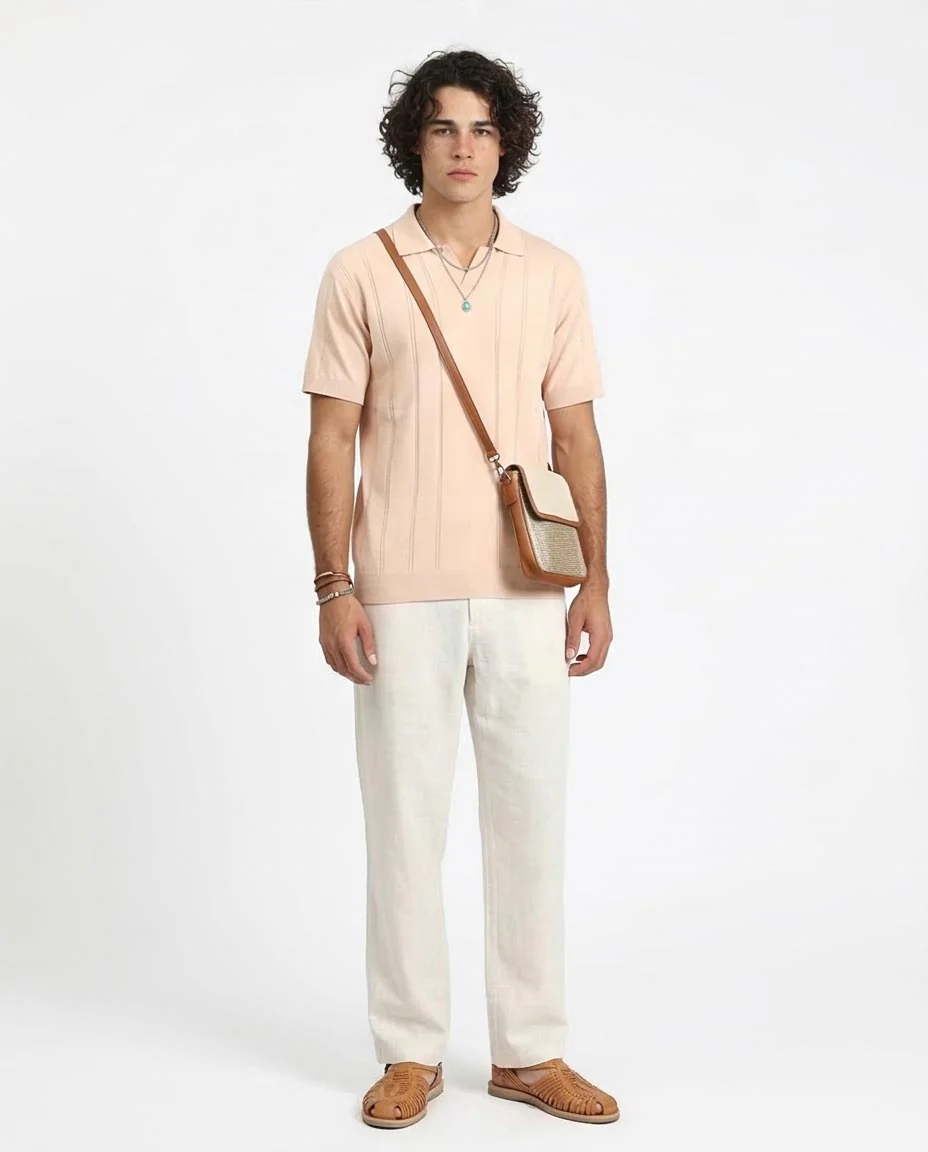 Title: Ravin Men’s Vertical Ribbed Knit Skipper Polo – Pale Peach -R213023 - Image 3