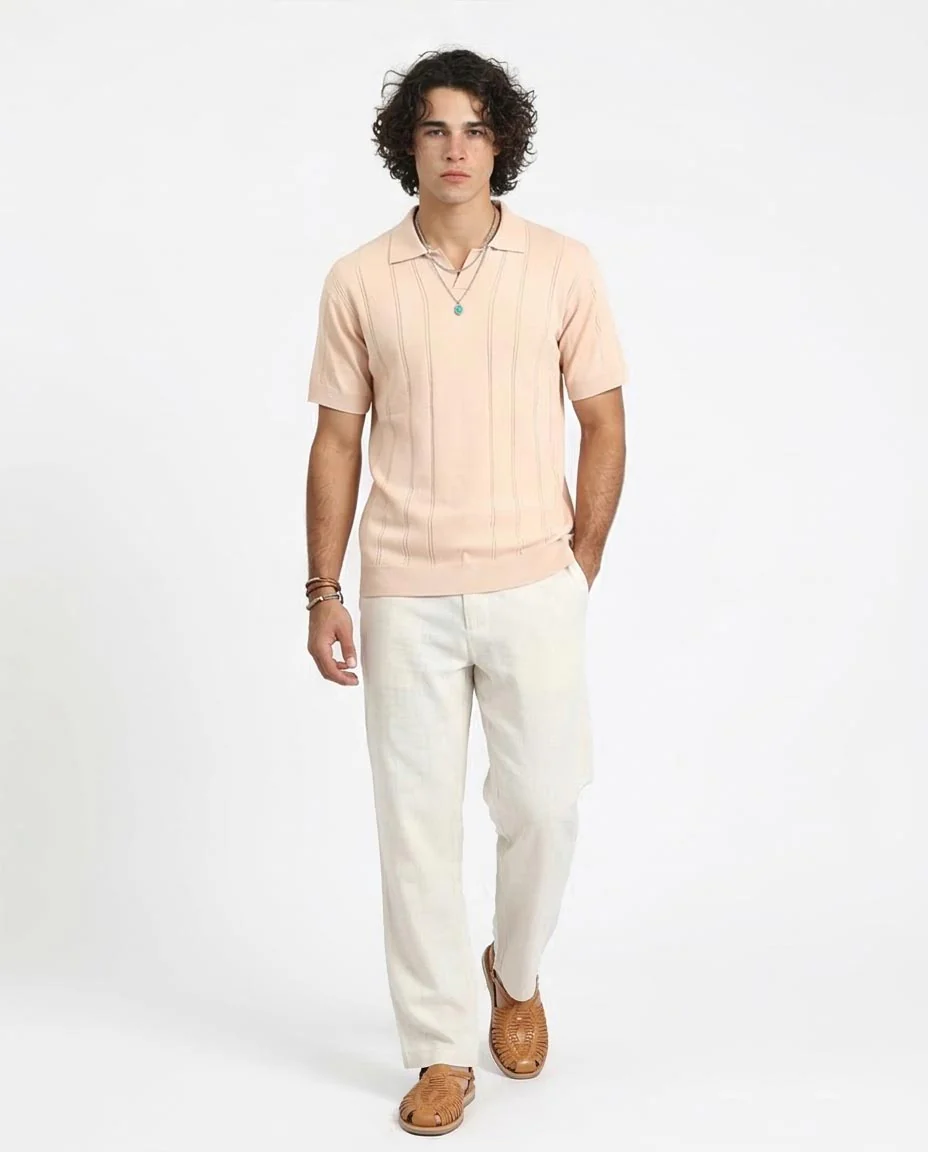 Title: Ravin Men’s Vertical Ribbed Knit Skipper Polo – Pale Peach -R213023 - Image 5