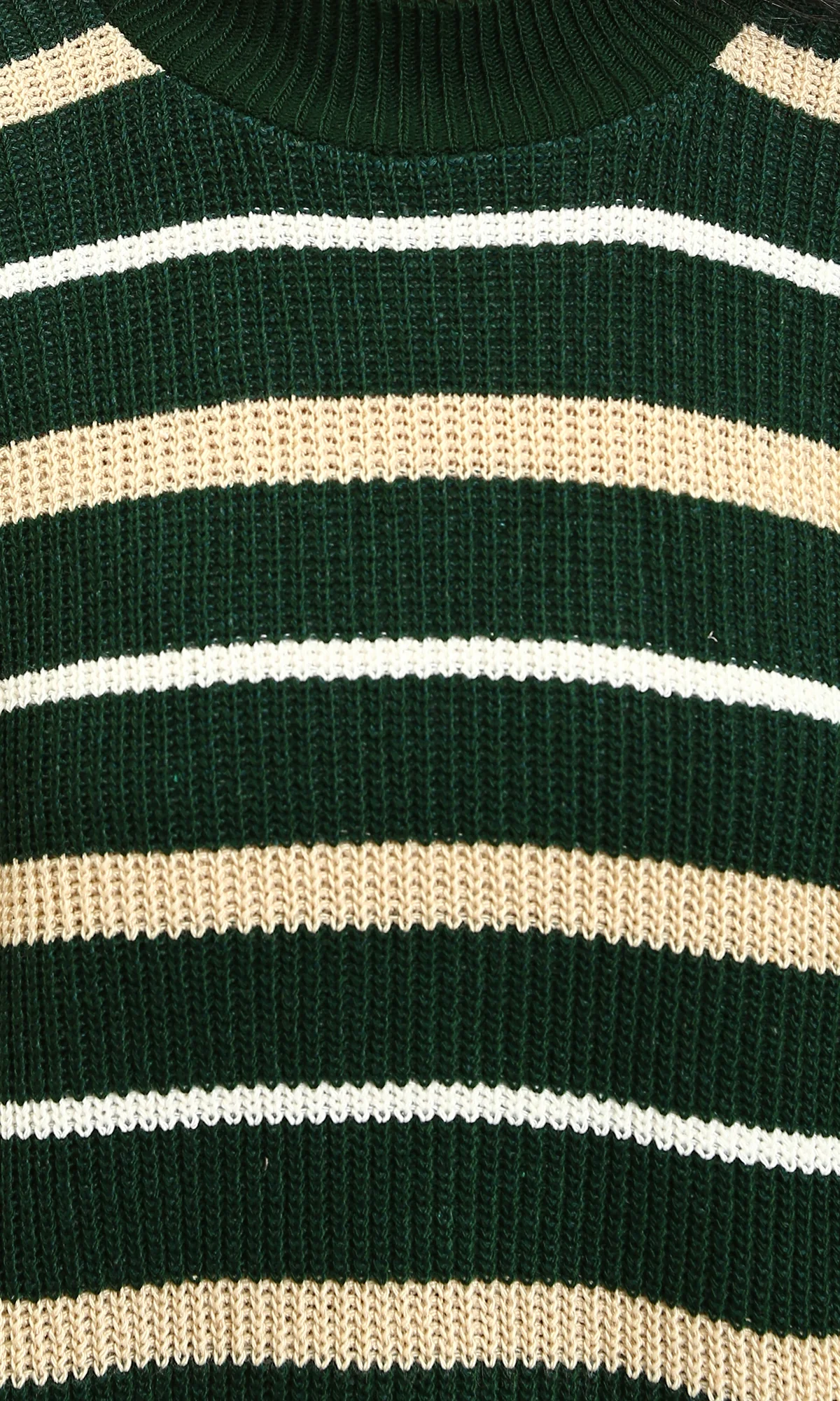 R215288 - Tri-Tone Striped Winter Pullover - Dark Green, White & Beige - Image 3