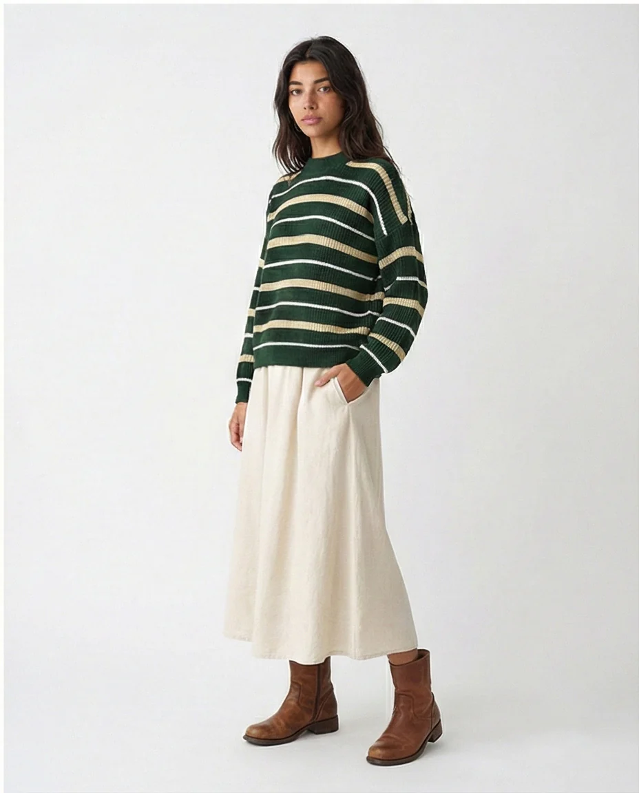 R215288 - Tri-Tone Striped Winter Pullover - Dark Green, White & Beige - Image 4