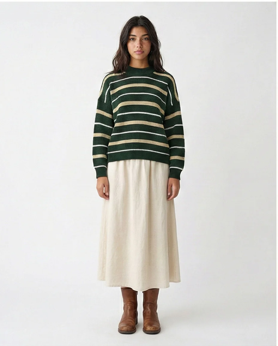 R215288 - Tri-Tone Striped Winter Pullover - Dark Green, White & Beige - Image 5