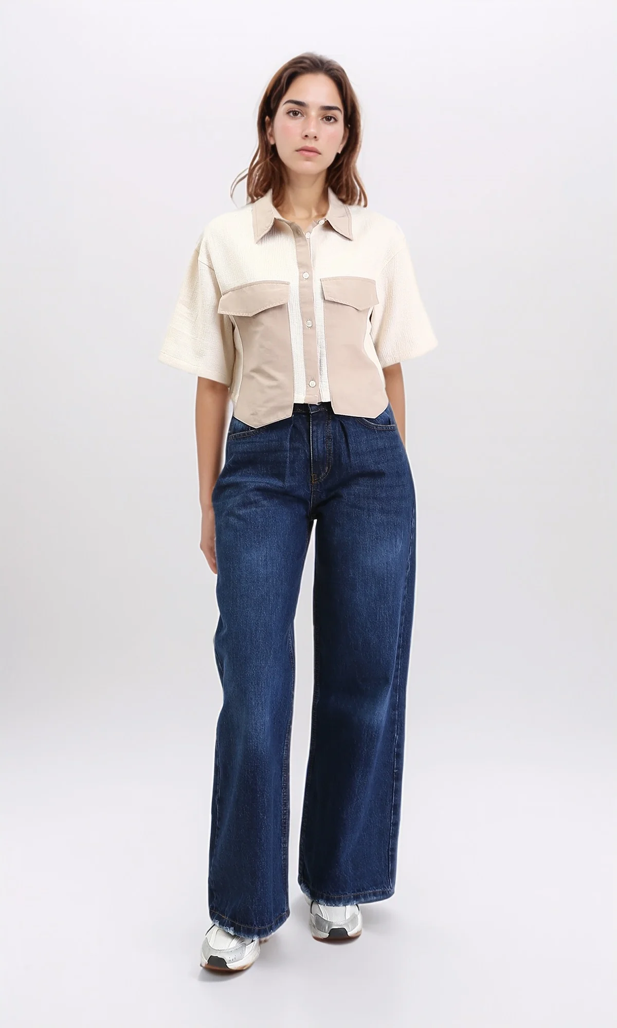 Two-Tone Utility Mixed Texture Cropped Shirt - R210613 - Image 4