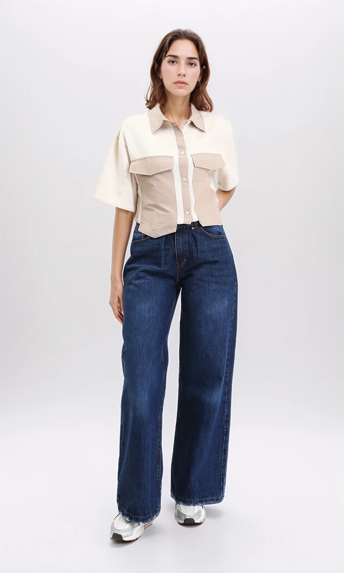 Two-Tone Utility Mixed Texture Cropped Shirt - R210613 - Image 5