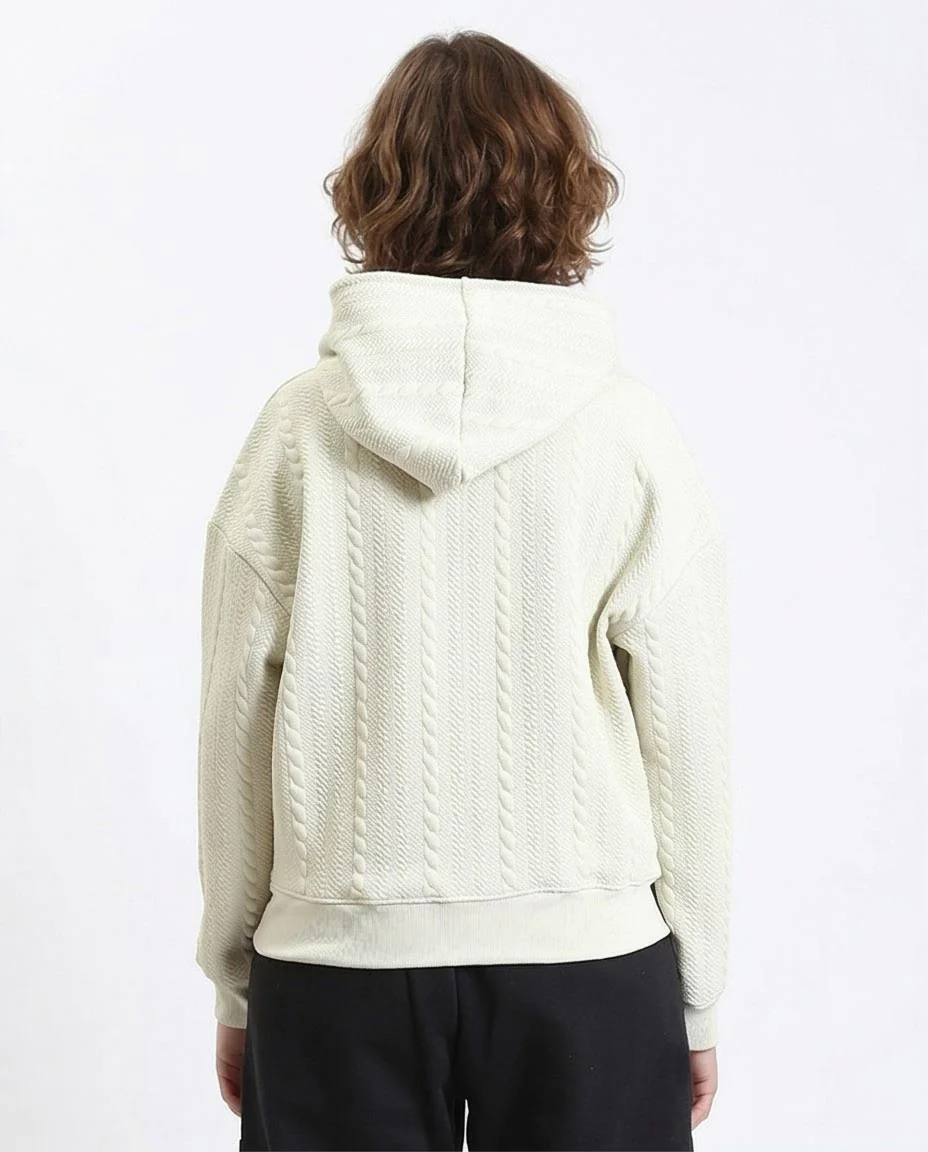 Ravin Unisex Oversized Cable-Knit Textured Hoodie with Contrast Drawstrings - Cream - R215298 - Image 2