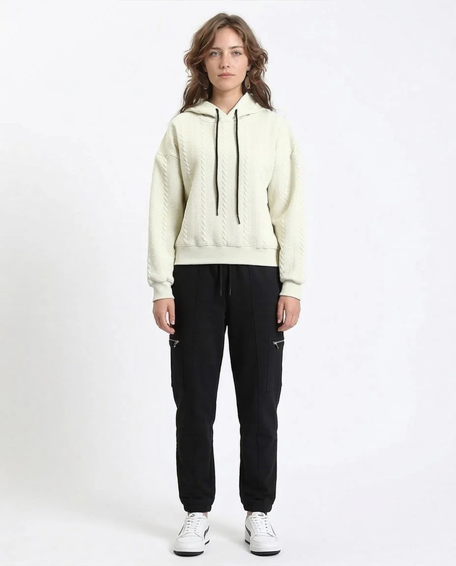 Ravin Unisex Oversized Cable-Knit Textured Hoodie with Contrast Drawstrings - Cream - R215298 - Image 4