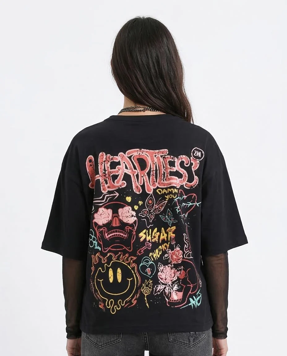 Ravin Unisex Oversized "Heartless" Graphic Tee – Acid Grunge Series - Black - R207786 - Image 2