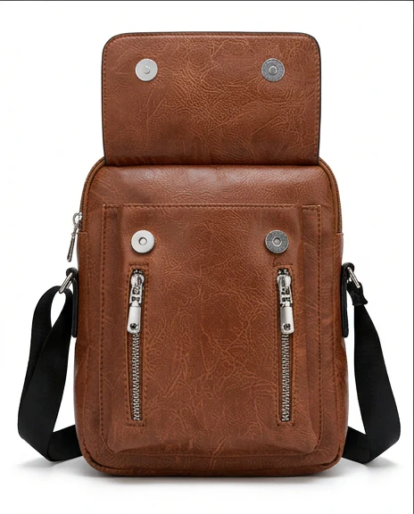 Vintage-Inspired Textured Brown Crossbody Messenger Bag - R216591 - Image 3