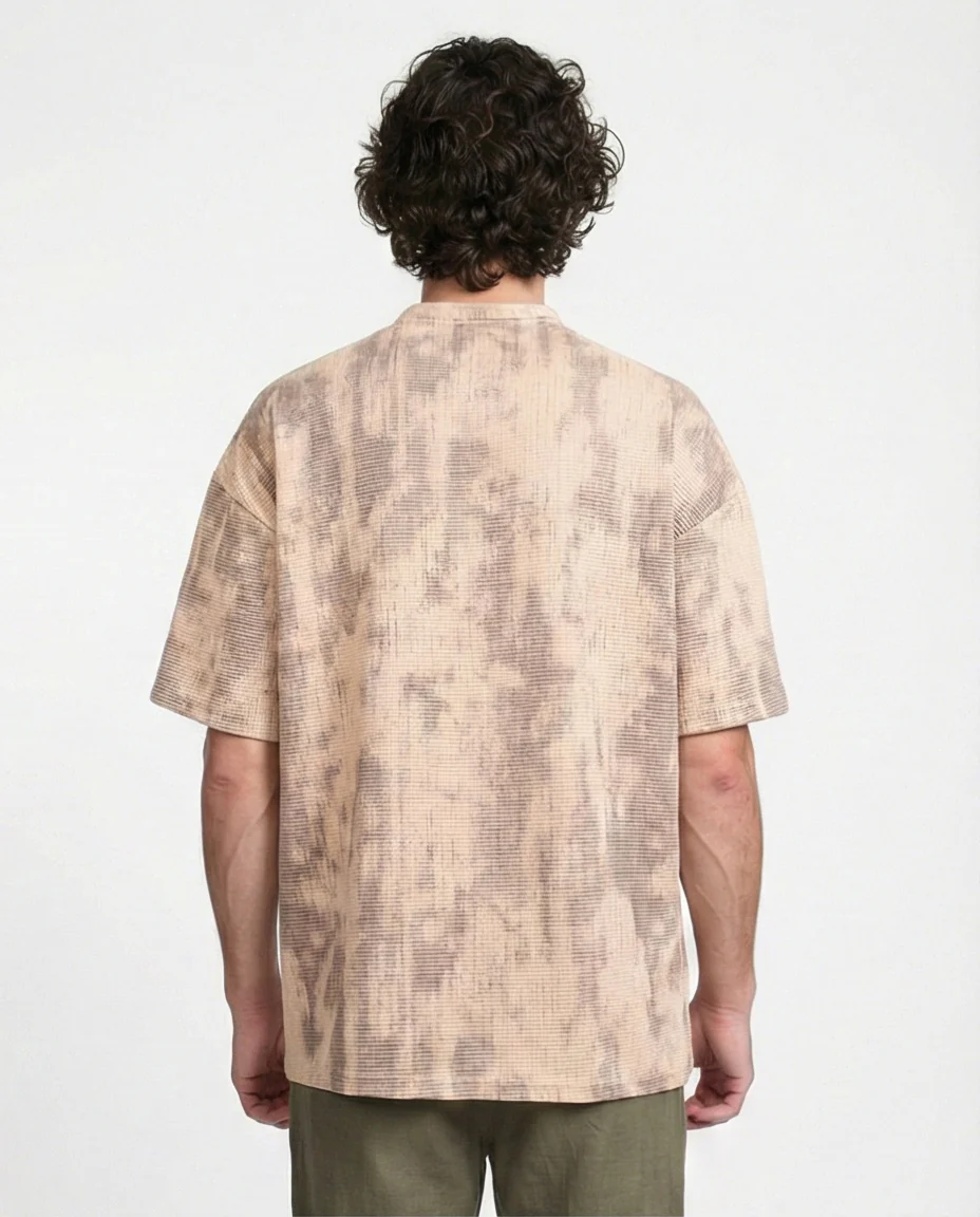 R208964 - Waffle Textured Oversized T-Shirt - Beige & Brown - Image 2