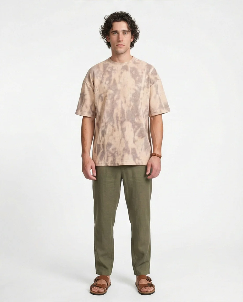 R208964 - Waffle Textured Oversized T-Shirt - Beige & Brown - Image 3