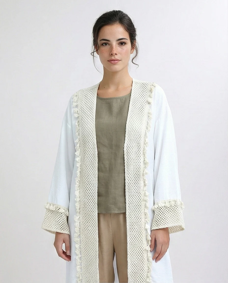 White Longline Crochet Trim Summer Cardigan - O198045 - Image 4