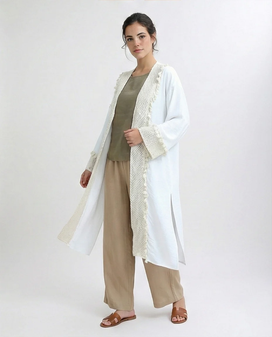 White Longline Crochet Trim Summer Cardigan - O198045 - Image 5
