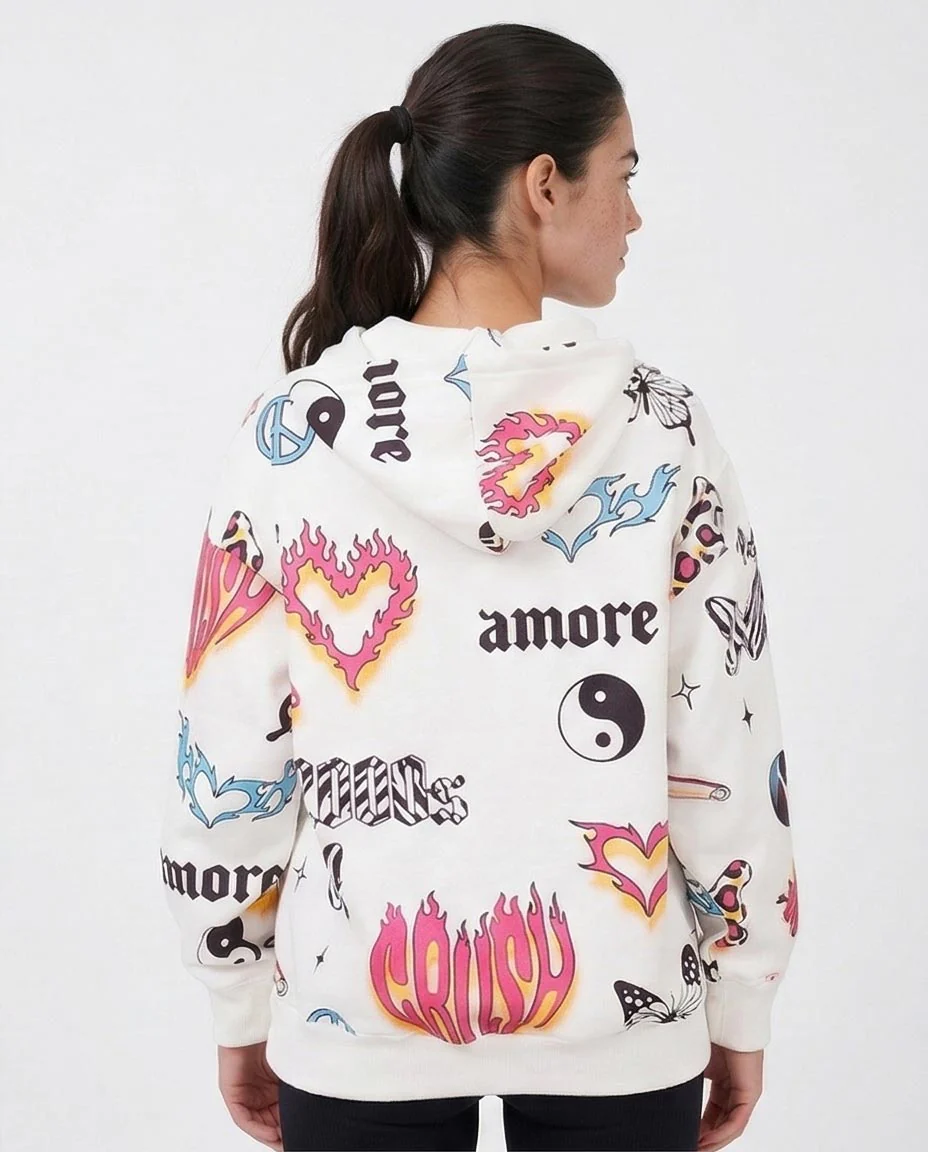White Multi-Graphic Print Relaxed Fit Hoodie - O200017 - Image 2