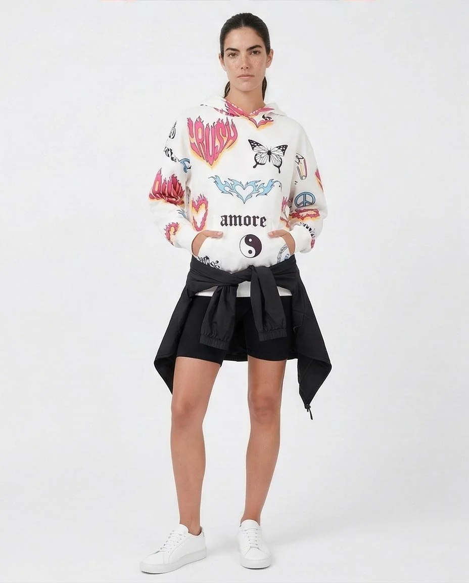 White Multi-Graphic Print Relaxed Fit Hoodie - O200017 - Image 3