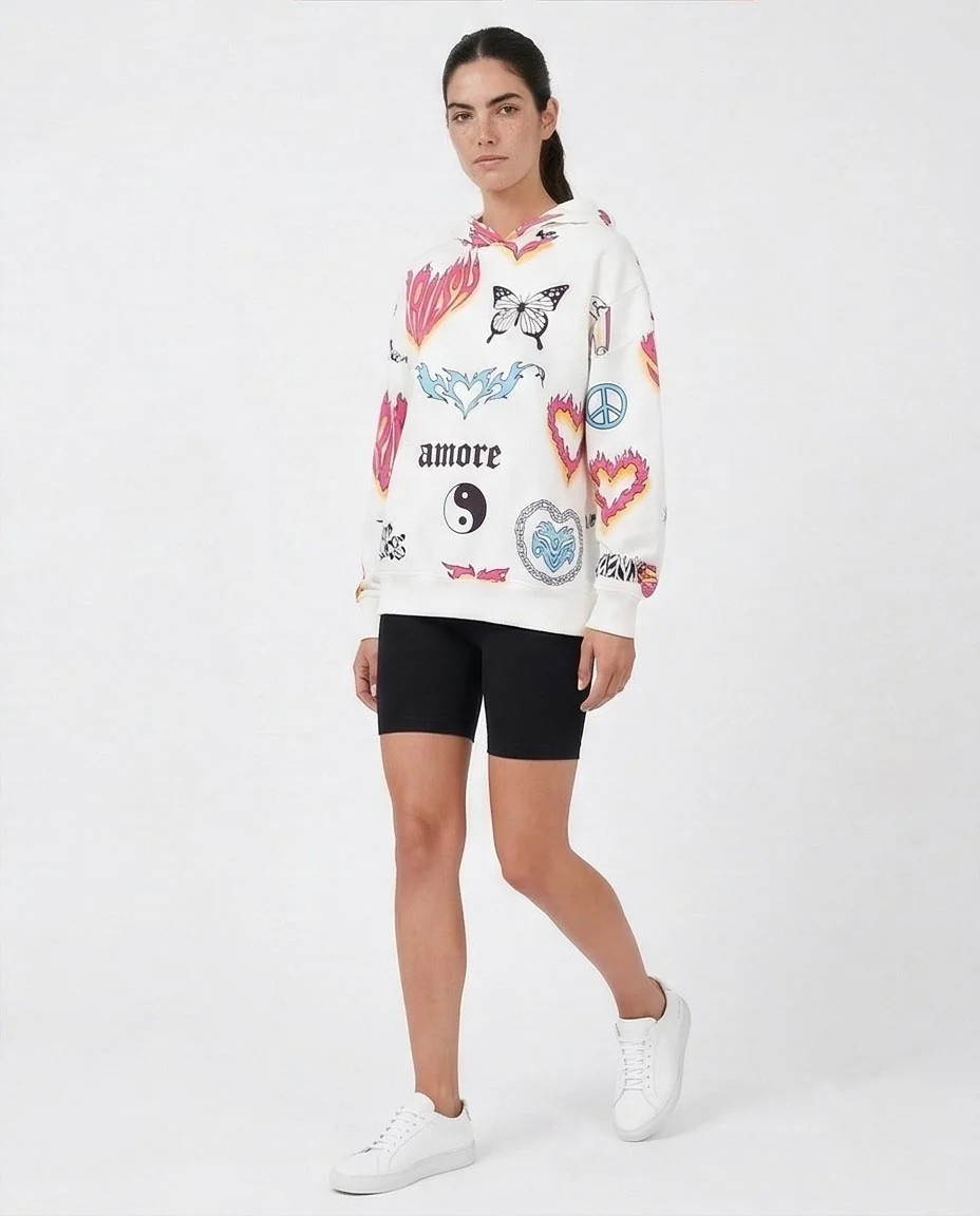 White Multi-Graphic Print Relaxed Fit Hoodie - O200017 - Image 4