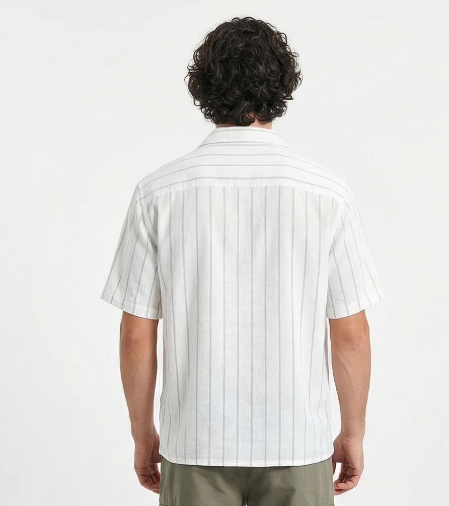 White Pinstriped Cuban Collar Short Sleeve Shirt - R217163 - Image 2