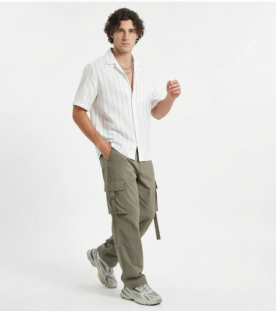 White Pinstriped Cuban Collar Short Sleeve Shirt - R217163 - Image 3