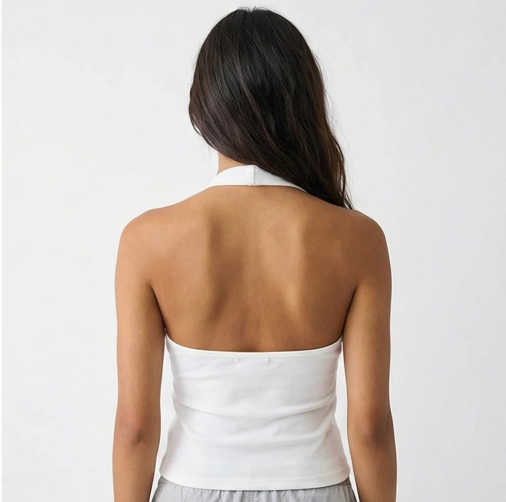 White Ribbed Backless Halter Neck Top - R217721 - Image 2