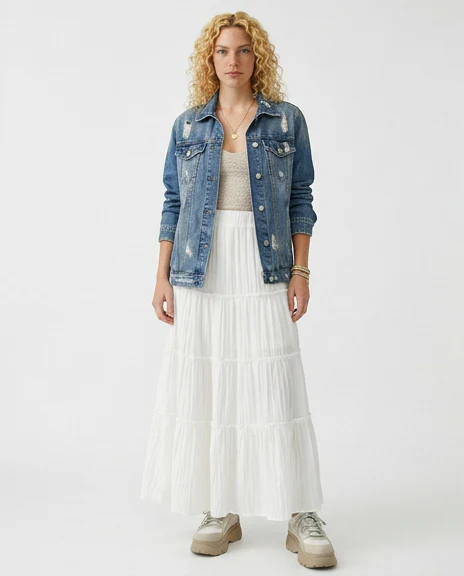 White Tiered Textured Maxi Skirt - R217596 - Image 3