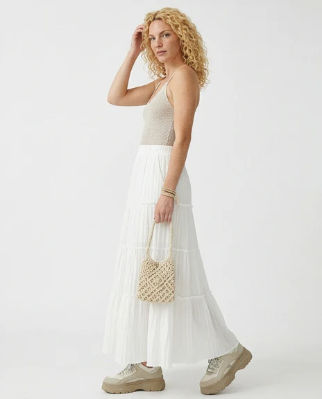 White Tiered Textured Maxi Skirt - R217596 - Image 4