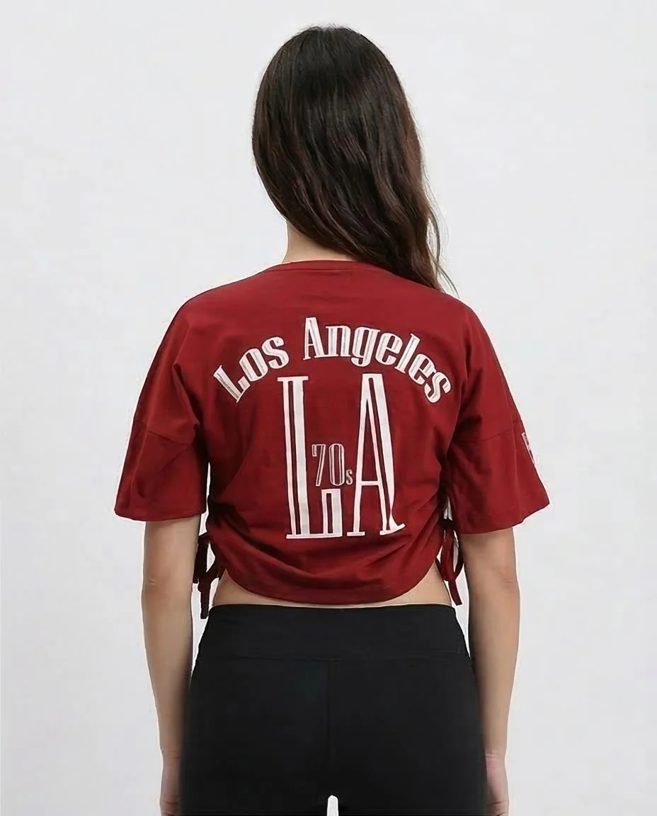 Ravin Women's 70s Los Angeles Graphic T-Shirt with Side-Cinch Drawstrings – Burgundy - O203335 - Image 2