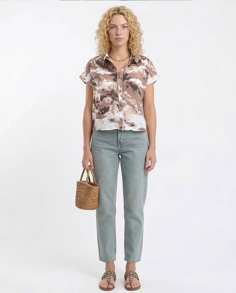 Ravin Women’s Abstract Earth-Tone Marble Print Button-Down Shirt – Craft Romantic Edition - Brown & Light Coffee - R204847 - Image 3