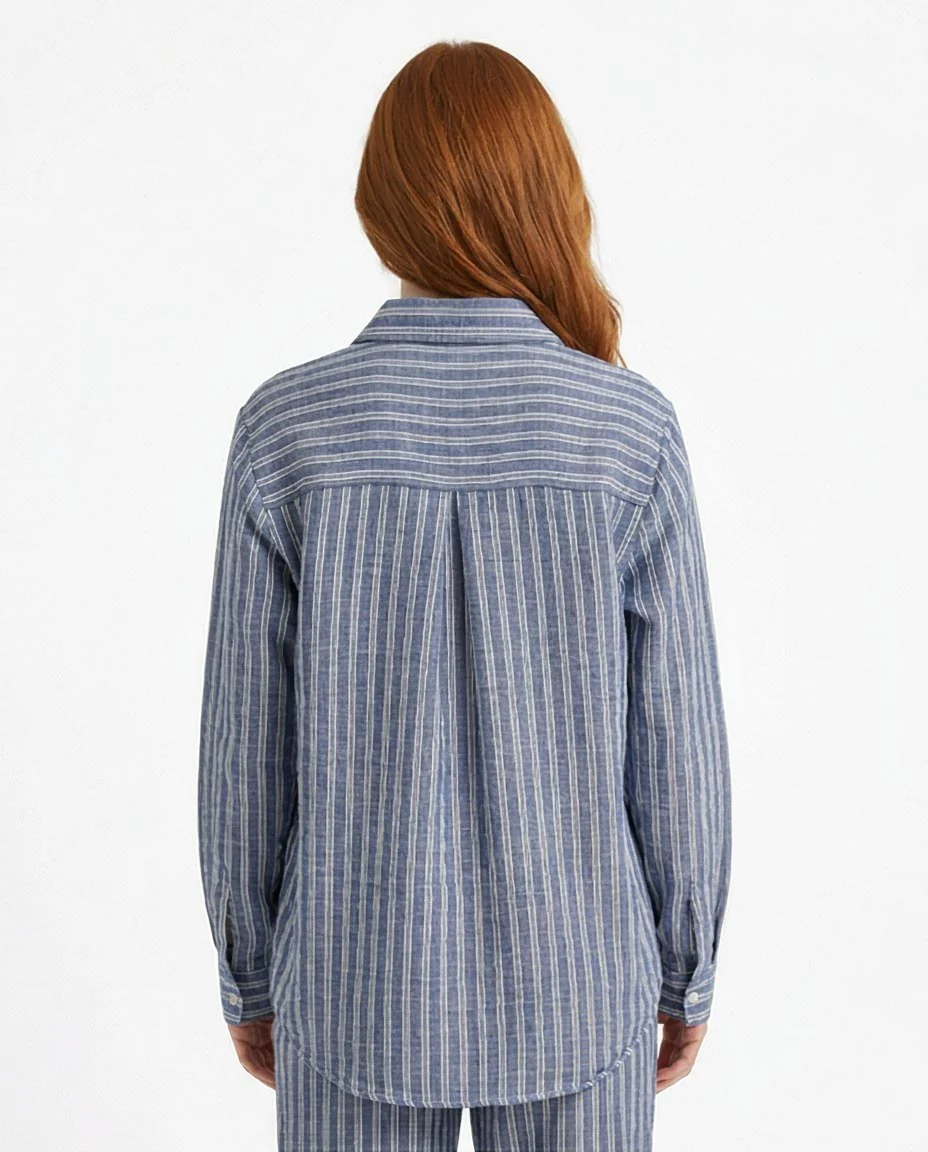 Blue Striped Long Sleeve Linen-Blend Casual Shirt - Image 2