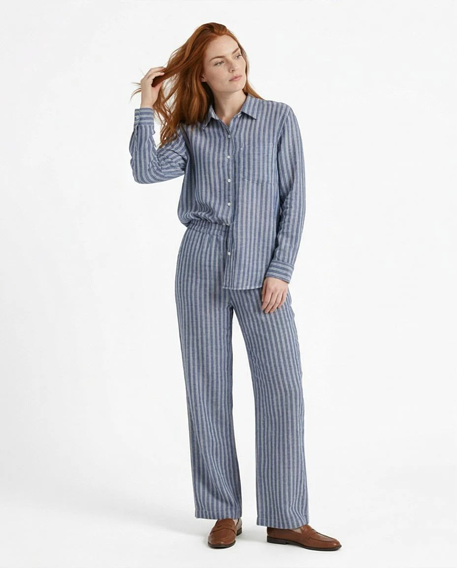 Blue Striped Long Sleeve Linen-Blend Casual Shirt - Image 3