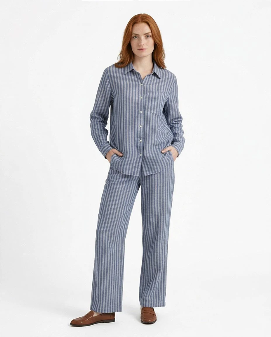 Blue Striped Long Sleeve Linen-Blend Casual Shirt - Image 4