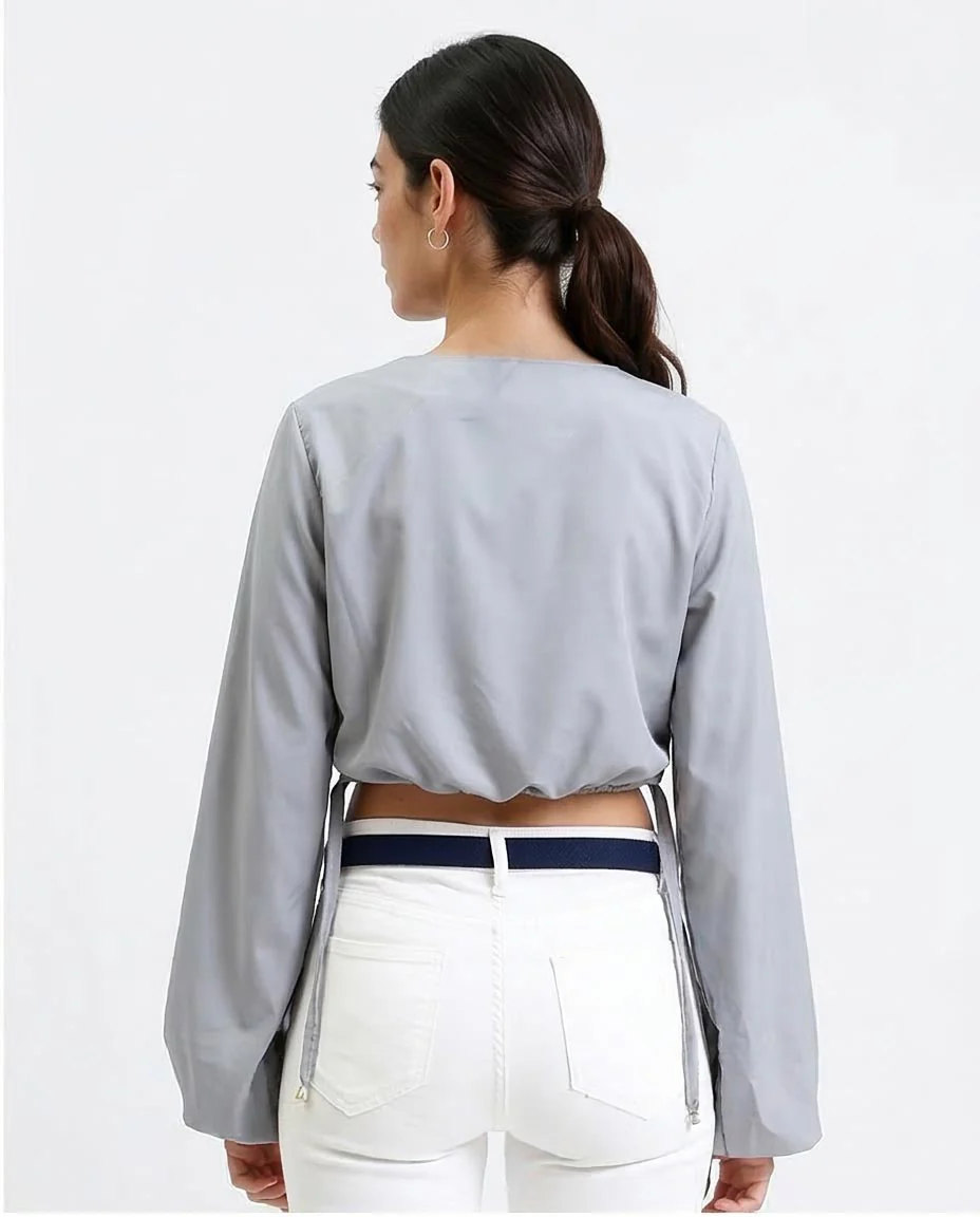 Ravin Women’s Boat-Neck Cropped Blouse with Elasticated Bubble Hem – Slate Grey -R208787 - Image 2
