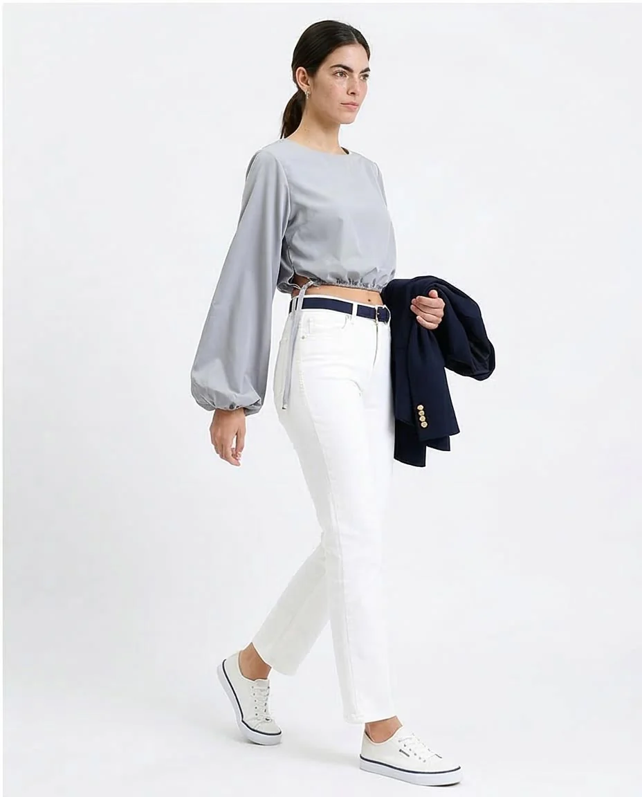 Ravin Women’s Boat-Neck Cropped Blouse with Elasticated Bubble Hem – Slate Grey -R208787 - Image 5