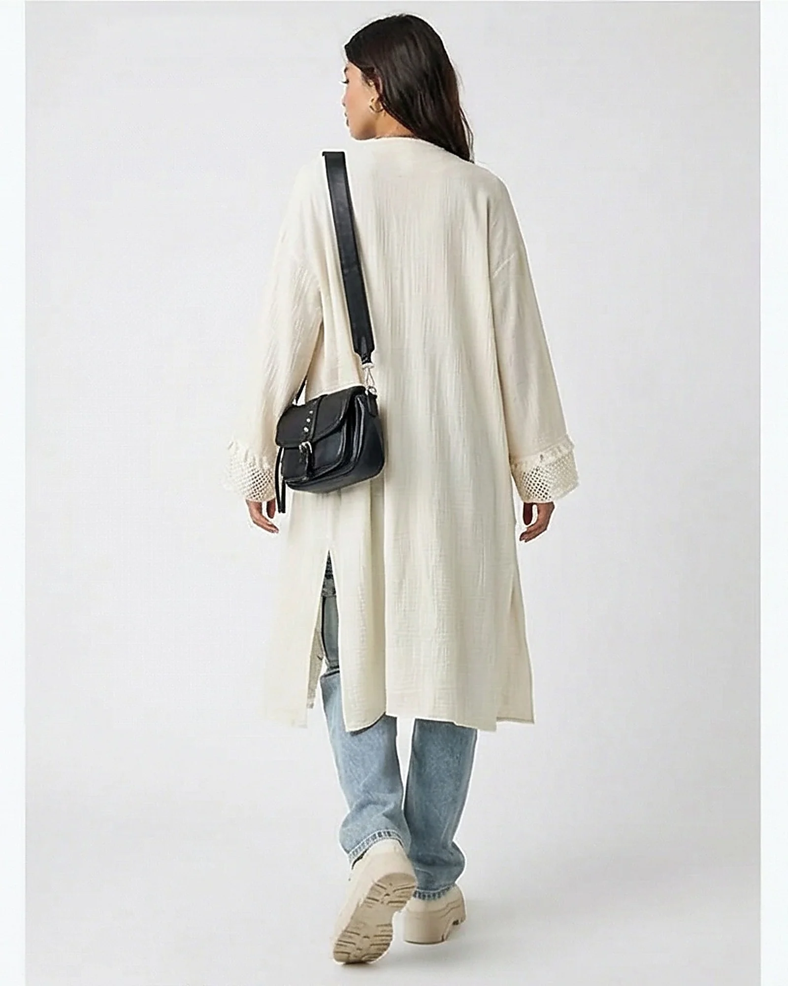 Boho Crochet Detail Longline Cardigan - Image 2