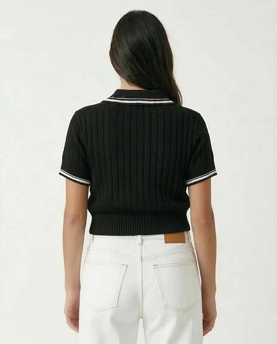 Ravin Women's Cable-Knit Cropped Polo Sweater – Black & White Preppy Knit - R206419 - Image 2
