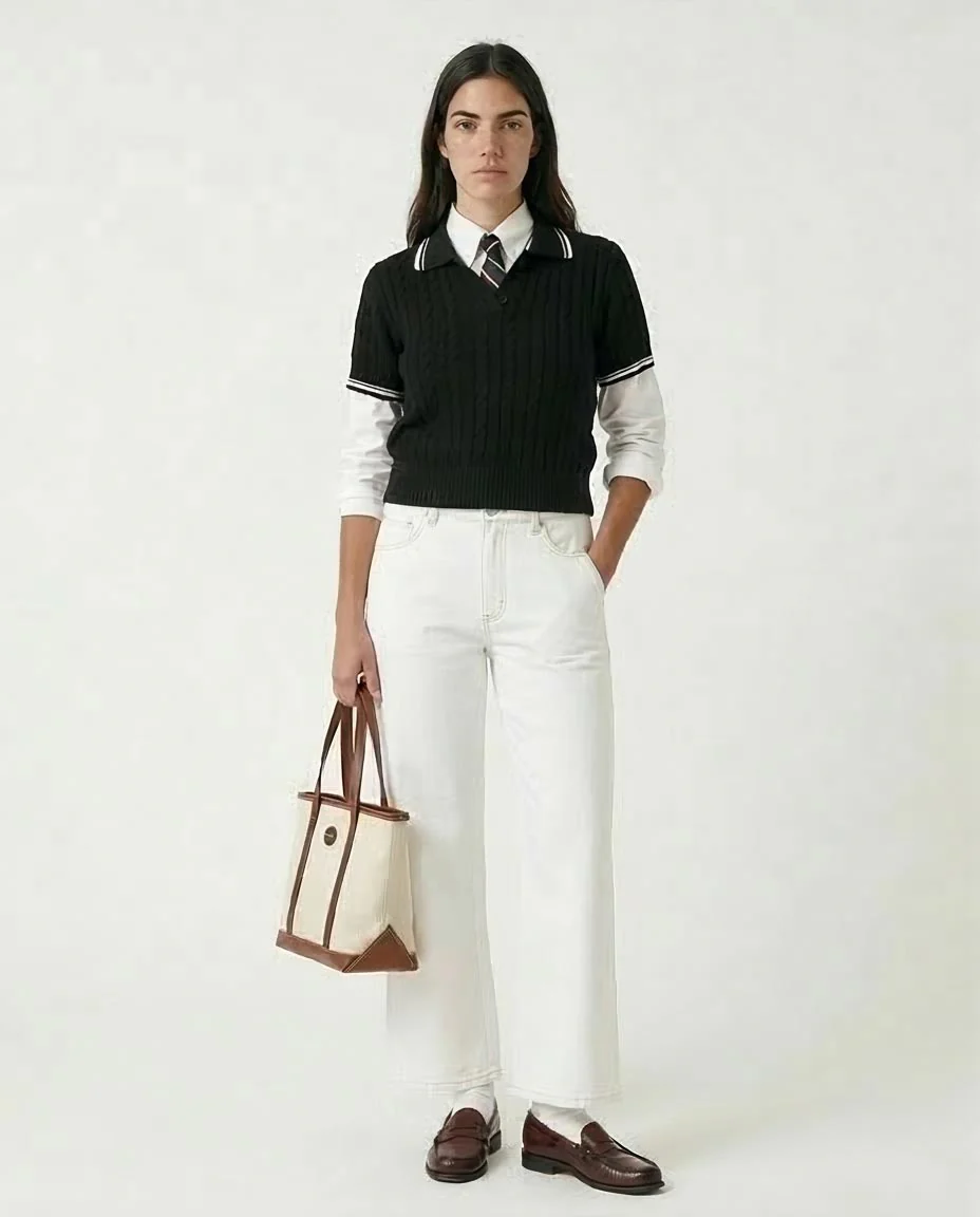 Ravin Women's Cable-Knit Cropped Polo Sweater – Black & White Preppy Knit - R206419 - Image 3