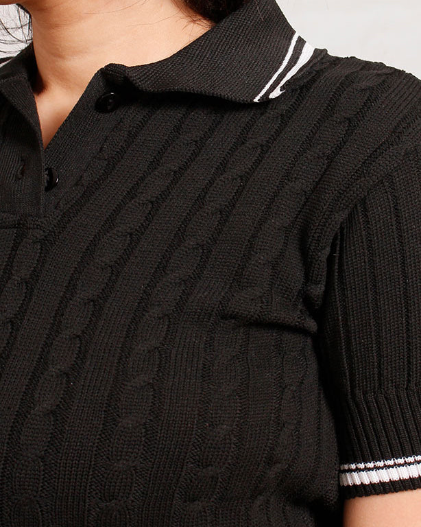 Ravin Women's Cable-Knit Cropped Polo Sweater – Black & White Preppy Knit - R206419 - Image 4