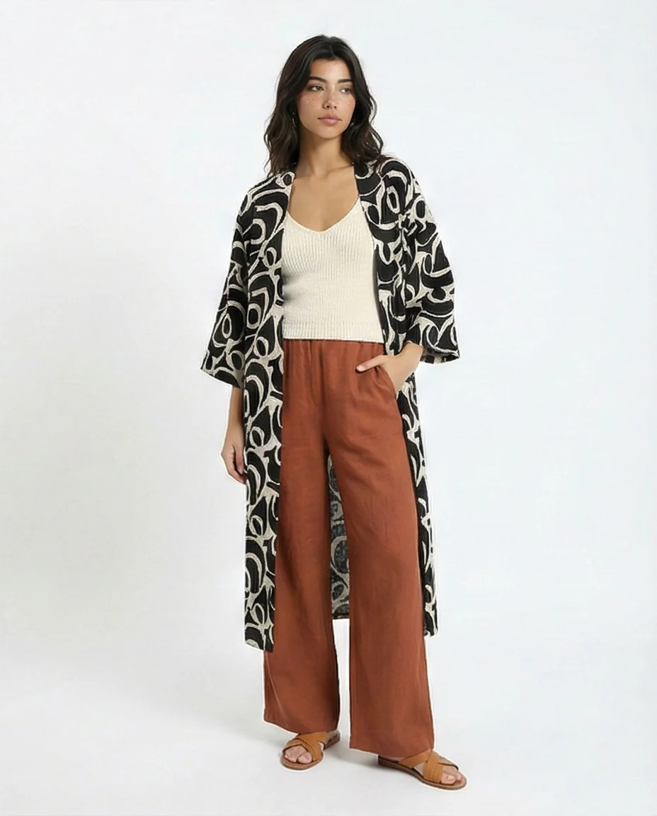 Abstract Graphic Longline Kimono Cardigan - R216605 - Image 4