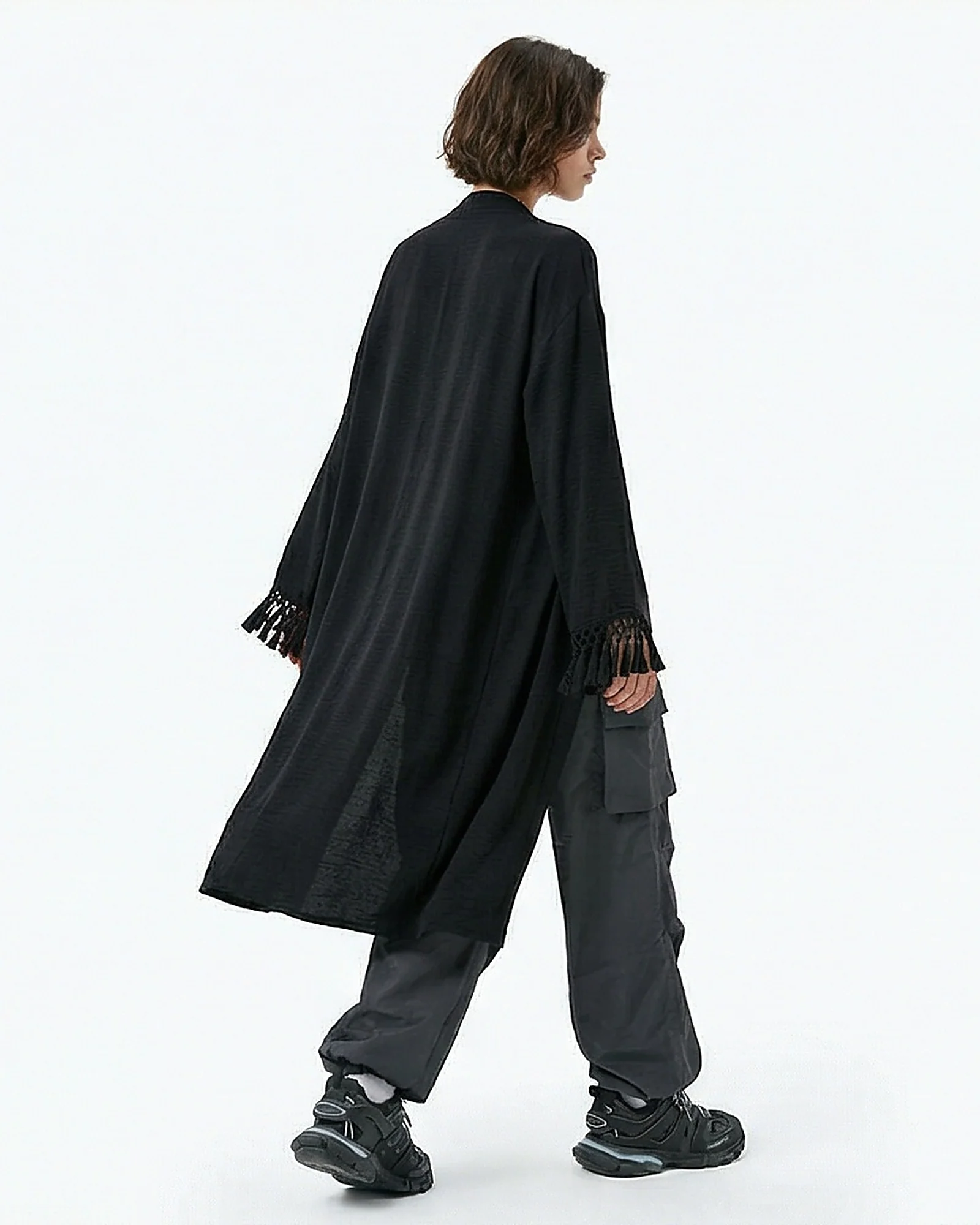 Black Tassel-Cuff Longline Open Cardigan - R217074 - Image 2