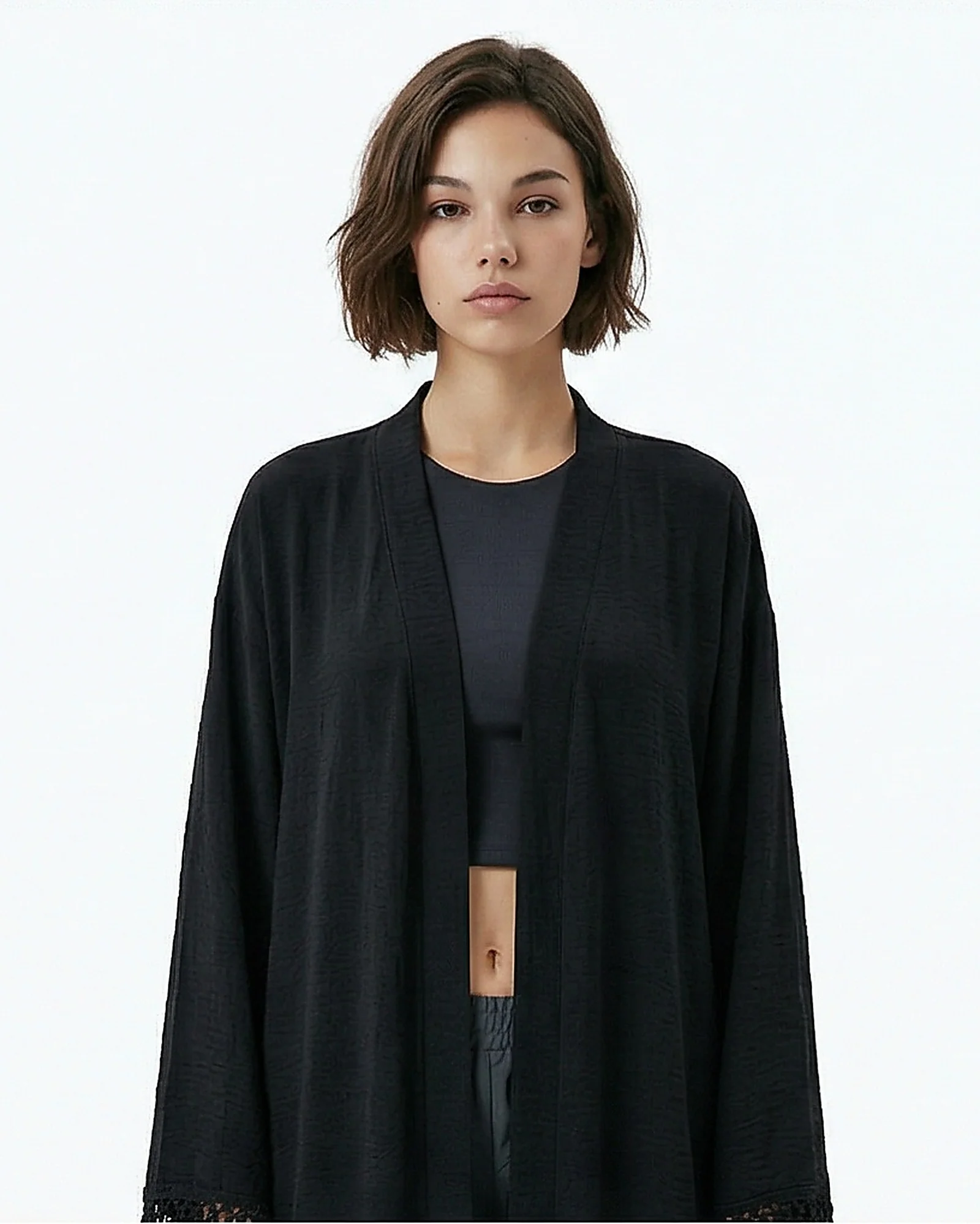 Black Tassel-Cuff Longline Open Cardigan - R217074 - Image 3