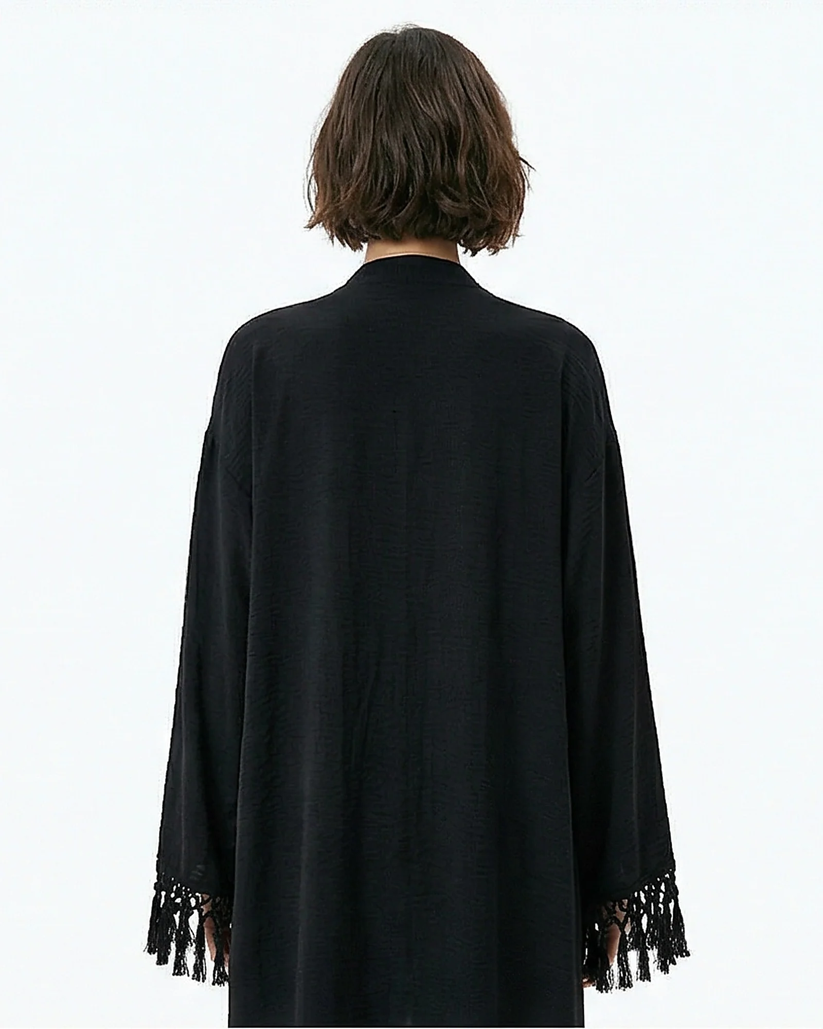 Black Tassel-Cuff Longline Open Cardigan - R217074 - Image 4
