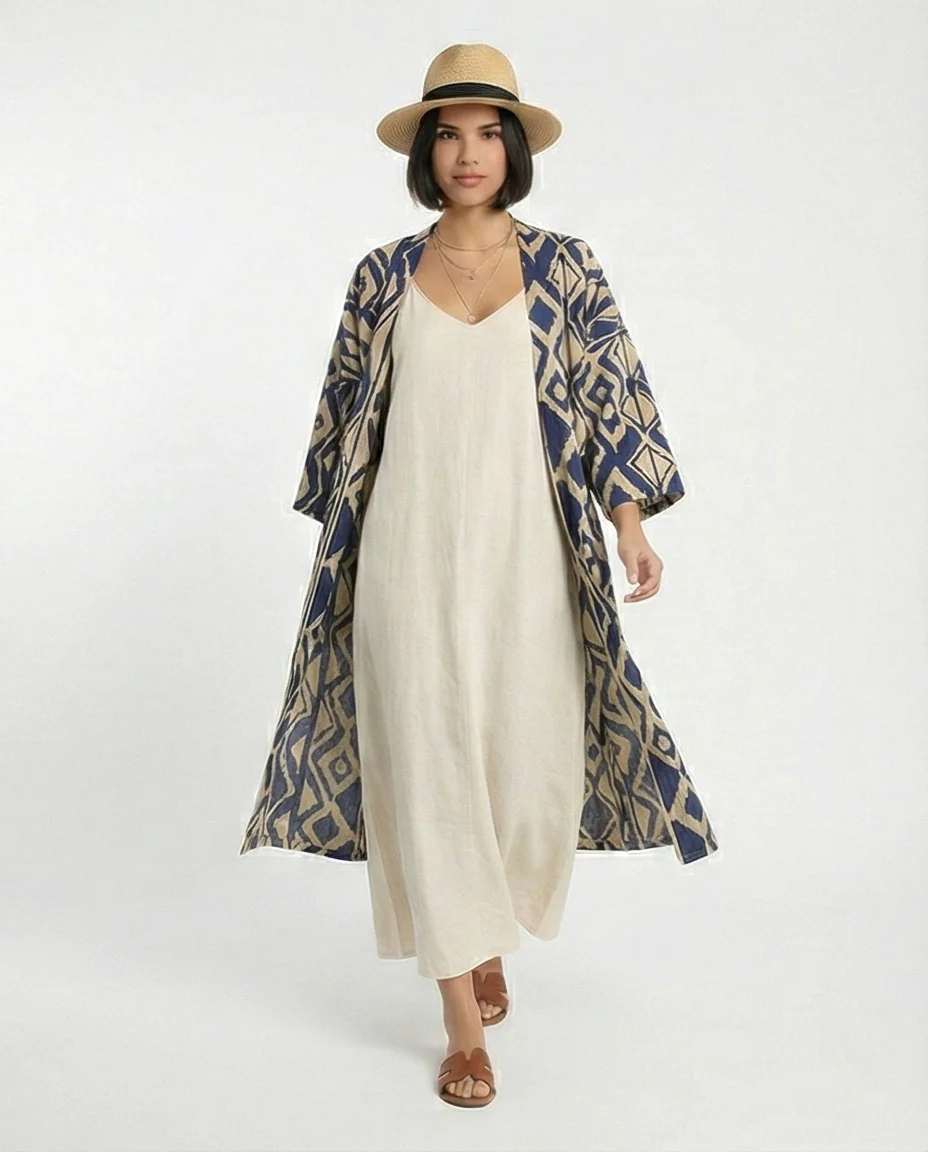 Navy Ikat Geometric Longline Kimono Cardigan - R216601 - Image 3