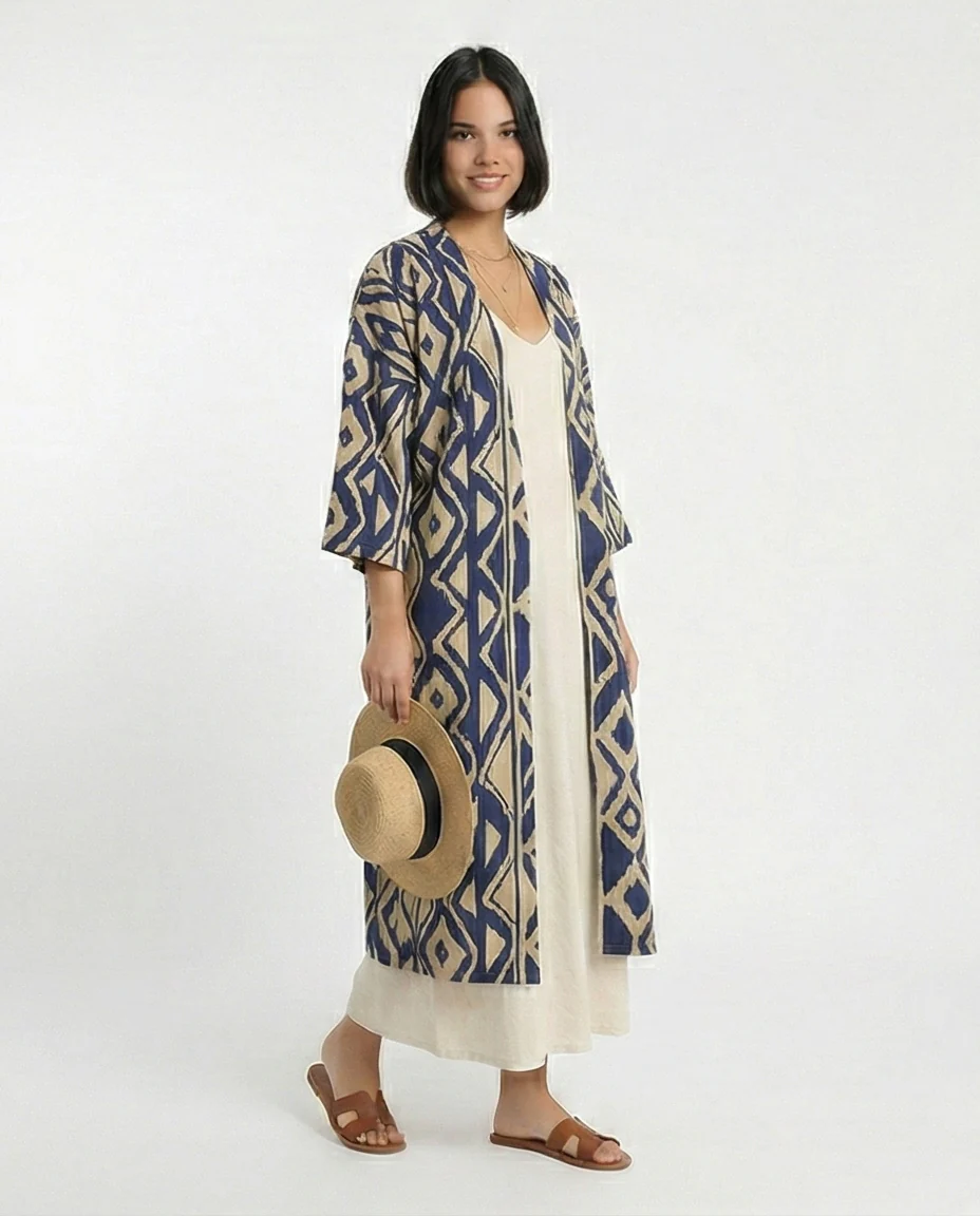 Navy Ikat Geometric Longline Kimono Cardigan - R216601 - Image 4