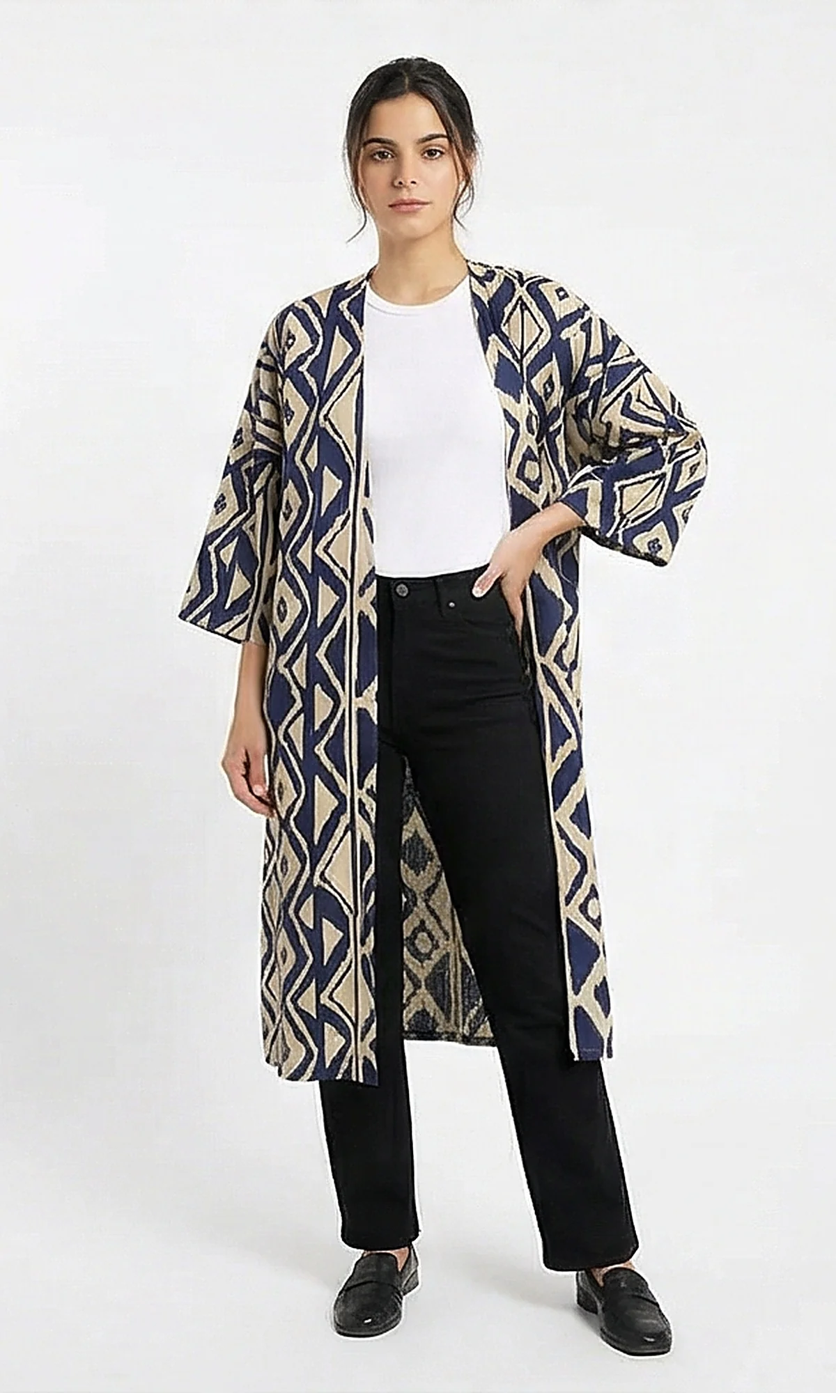 Navy Ikat Geometric Longline Kimono Cardigan - R216601 - Image 6
