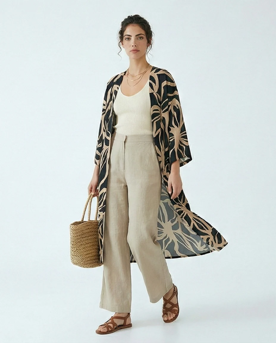 Abstract Leaf Print Longline Kimono Cardigan - R216604 - Image 3
