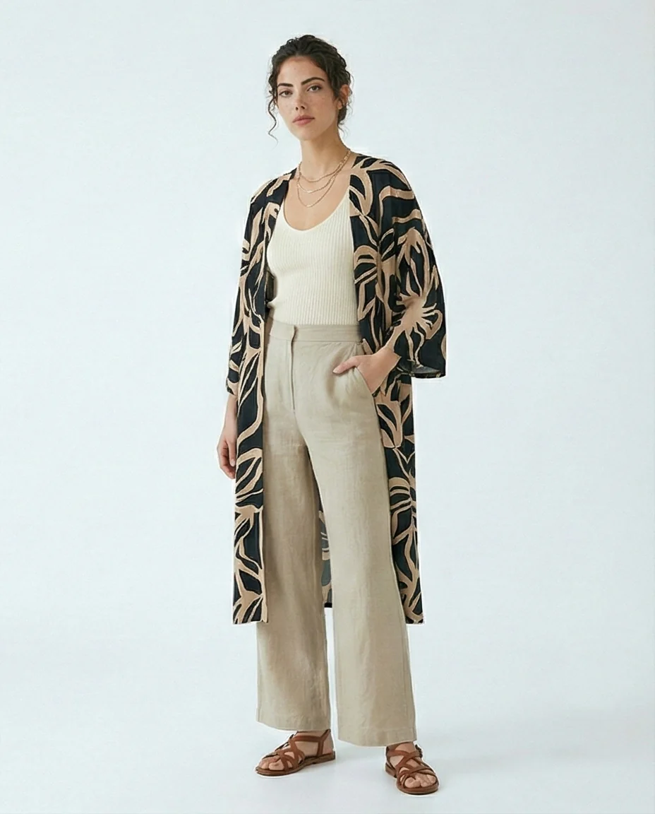 Abstract Leaf Print Longline Kimono Cardigan - R216604 - Image 4