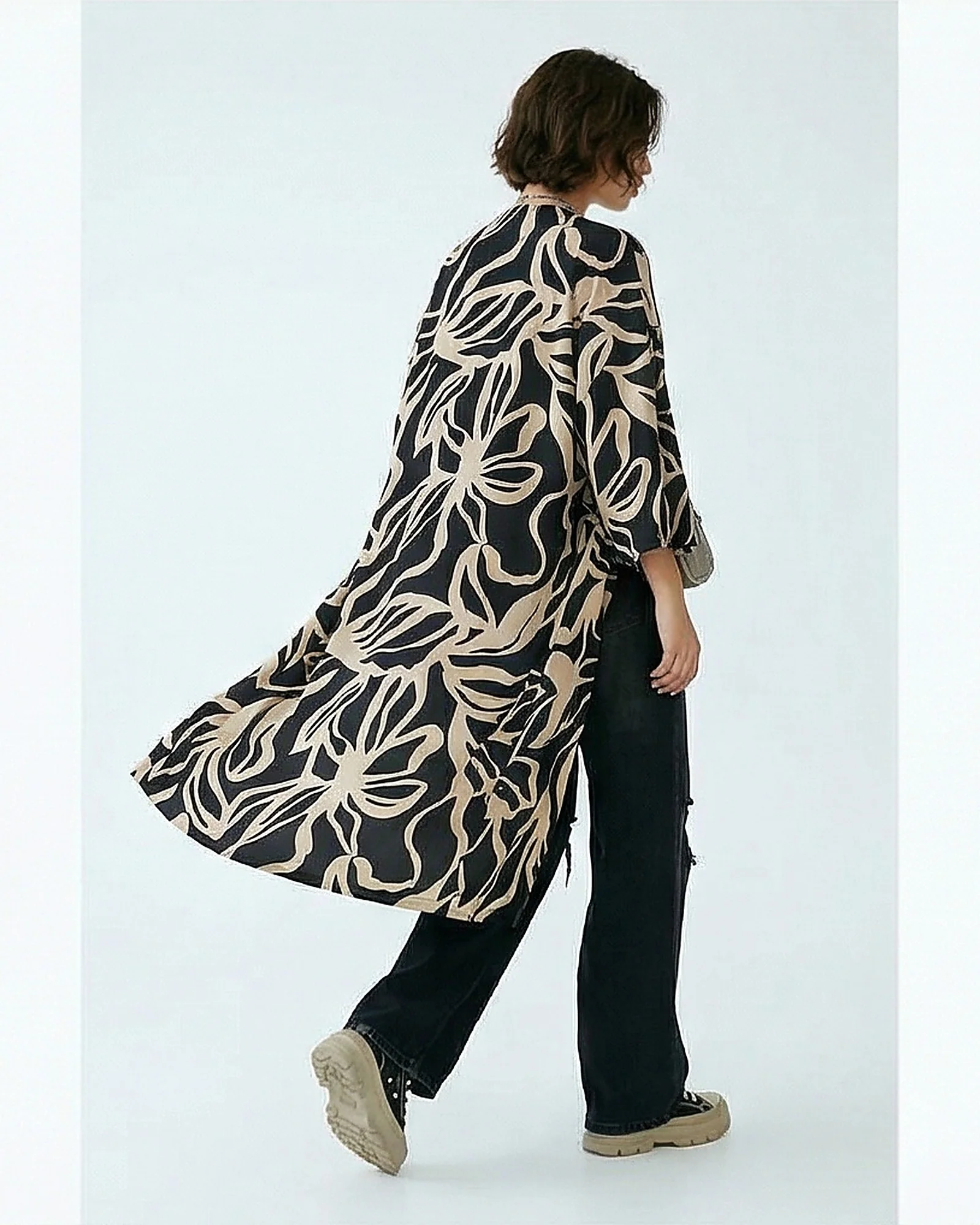 Abstract Leaf Print Longline Kimono Cardigan - R216604 - Image 5
