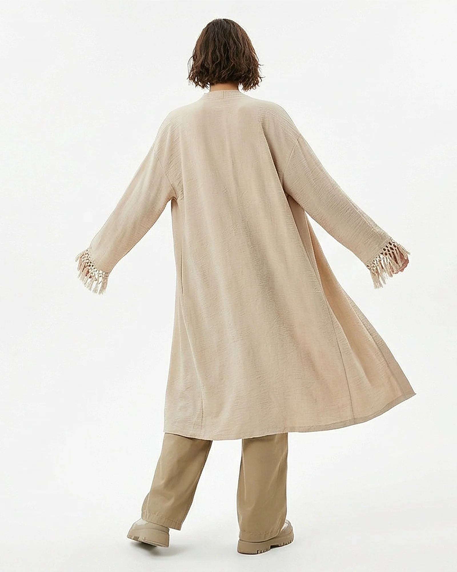 Stone Lightweight Textured Fringe Kimono Cardigan - R217010 - Image 2